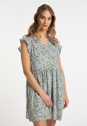 Abito floreale corto in tessuto verde acqua con maniche arricciate, decorato con fiori bianchi e arancioni, scollo a V e vita arricciata.