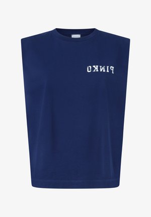 Camiseta sin mangas de color azul marino, hecha de algodón, con cuello redondo y texto impreso en blanco "PINKO" en la parte delantera. Textura suave y corte relajado.