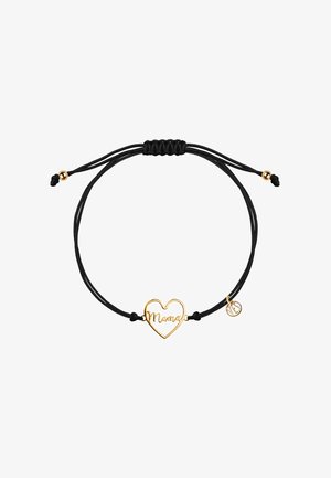 Czarna bransoletka sznurkowa z złotym sercowym zawieszką z napisem "Mama" w kursywie oraz małą złotą ozdobną zawieszką.