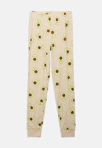 Φωτεινό μπεζ παντελόνι πιτζάμας με μοτίβο από κομμάτια αβοκάντο σε όλη την επιφάνεια. Διαθέτει ελαστική μέση και ελαστικές μανσέτες στους αστραγάλους.