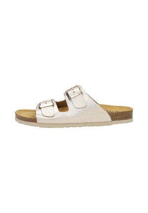 Two-strap slide sandal made of metallic silver textured material with adjustable buckles and a cork footbed, featuring a rubber outsole.