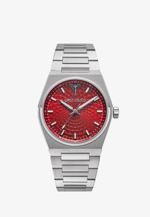 Silver metal wristwatch with red geometric patterned dial, silver hour markers, three hands, and "Carlo Colucci" logo below the 12 o'clock position.