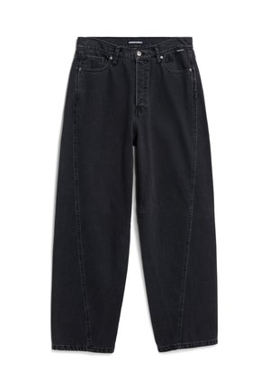 Zwarte spijkerbroek van denim met een losse pasvorm, vijf zakken, sluiting met een knoop aan de voorkant en zichtbare stiksels langs de naden.
