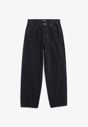 Schwarze Denim-Jeans mit lockerer Passform, Fünf-Taschen-Design, frontaler Knopfverschluss und sichtbaren Nähten entlang der Nähte.