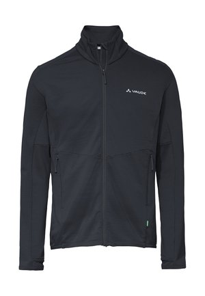Veste noire à fermeture éclair intégrale avec col haut, manches longues, poches latérales zippées et petit logo Vaude blanc sur la poitrine gauche.