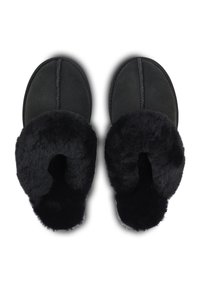 Black suede slippers with a plush black fur lining, round toe, and visible seam detail, designed for comfort and warmth.