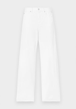 Jean blanc à jambes larges avec une taille haute, confectionné en denim, avec une fermeture à boutons sur le devant et cinq poches. Texture lisse, design minimaliste.