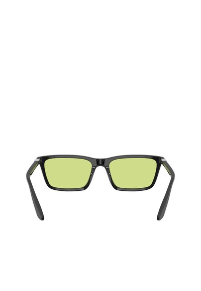 Occhiali da sole neri rettangolari con lenti di colore verde. Le montature hanno una finitura lucida e aste allungate. Nessun motivo visibile o dettagli hardware.