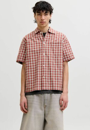 Ung mand står iført kortærmet rød og beige ternet skjorte over sort top og lysegrå løstsiddende jeans mod en ensfarvet baggrund.