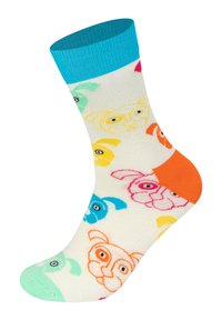 Kleurige sok met een beige achtergrond en speelse honden gezichtjes in roze, geel, groen, blauw en oranje, met een turquoise boord.
