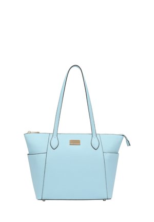 Lichtblauwe leren totebag met dubbele handvatten, ritsluiting en gouden hardware. Beschikt over een gestructureerd materiaal en zijzakken.