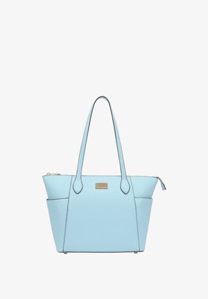 Light blue leather tote bag with dual handles, zip closure, and gold-tone hardware. Features textured material and side pockets.