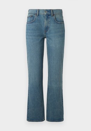 Lys blå utvidede jeans laget av denim, med fem lommer, lukking med knapp foran og subtil bleking for tekstur.