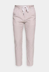 Gestreepte broek met een elastische tailleband en een trekkoord. Gemaakt van een lichtgewicht materiaal, met dunne, afwisselend beige en witte strepen.