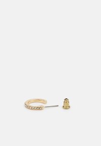 Gold hoop earring with a row of clear gemstones along the front, accompanied by a metal back piece. Smooth texture, circular shape.