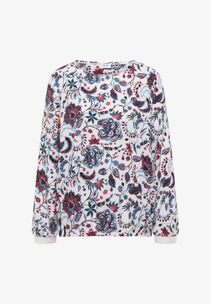 Hvid bluse med lange ærmer med blå, røde og sorte blomster- og bladmotiver, rund udskæring og rynkede manchetter.