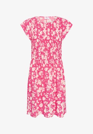 Rochie florală roz cu un corset plisat, mâneci scurte tip capac și fustă evazată cu modele florale crem pe întreaga suprafață. Textură de stofă moale.