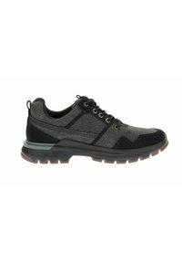 Le scarpe da corsa nere presentano una tomaia in tessuto testurizzato, accenti in suede e una suola in gomma con un motivo di battistrada robusto per una buona aderenza.
