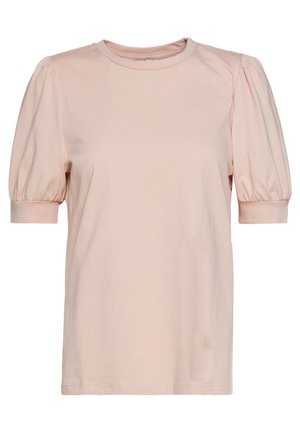 Chemise rose clair à manches courtes avec manches bouffantes et poignets ajustés, avec un col rond et une texture unie et lisse.