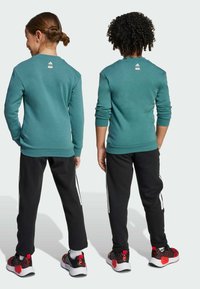 Felpa color teal con polsini e orlo a costine, abbinata a pantaloni neri con strisce laterali bianche. Entrambi indossano sneaker colorate con dettagli.