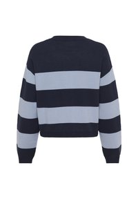 Maglione cropped a righe blu navy e azzurro con scollatura rotonda e maniche lunghe, caratterizzato da una texture morbida e orlo a coste.