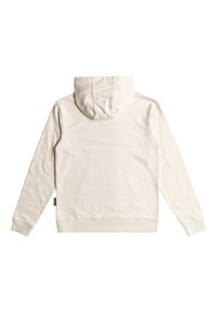 Lichtbeige hoodie met een gladde textuur, lange mouwen, ribgebreide manchetten en onderkant, en een klein label aan de zijkant.
