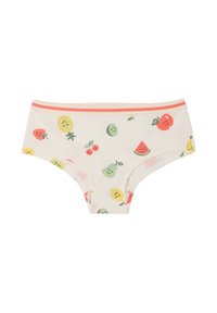 Children’s white briefs with a pink waistband and colorful fruit illustrations with smiling faces including pineapple, strawberry, cherry, apple, watermelon, and pear.