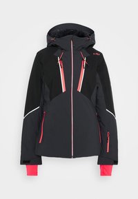 Zwarte ski-jas met een capuchon, rode en witte accenten, ritssluitingen op de zakken en aansluitende manchetten. Gemaakt van een glad, weerbestendig materiaal.