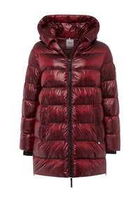 Rød pufferjakke med en skinnende finish, der har lynlås foran, justerbar hætte og to sidelommer. Tekstureret quiltet design.