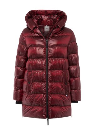 Rote Daunenjacke mit glänzender Oberfläche, mit Reißverschluss vorne, verstellbarem Kapuzenhut und zwei Seitentaschen. Strukturiertes, gestepptes Design.