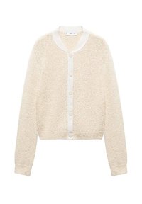 Kardigan w odcieniu kości słoniowej z teksturowanym wzorem dzianiny, z białym satynowym zapięciem na guziki i długimi rękawami. Okrągły kołnierz z dopasowanym dołem.