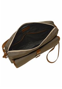 Brown fabric messenger bag with a zipped opening, leather accents, an interior pocket, and a detachable shoulder strap.
