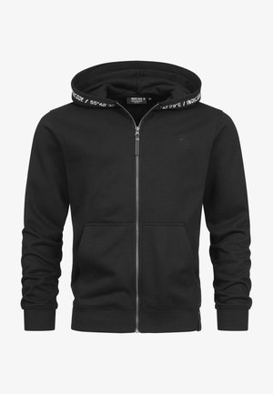 Sort zip-up hættetrøje lavet af en bomuldsblanding, med et minimalistisk design, frontlommer og et logodetalje på hættens trim.