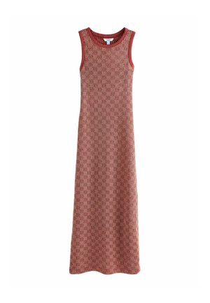 Ärmelloses, langes Strickkleid in Rostrot mit strukturiertem vertikalem Muster und geripptem Abschluss an Hals und Armausschnitten.