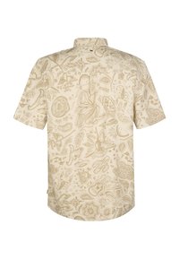 Short-sleeve shirt in beige fabric featuring intricate tonal patterns of flowers, leaves, and other motifs throughout the surface.
