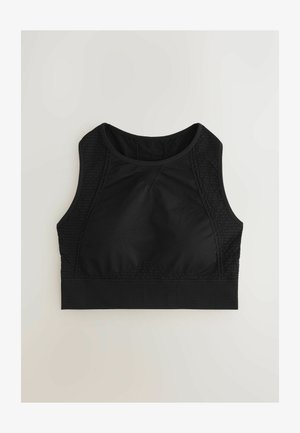 Reggiseno sportivo nero con davanti in tessuto liscio, pannelli laterali testurizzati e banda spessa in fondo. Presenta un collo alto e un design a bretelle incrociate sulla schiena.