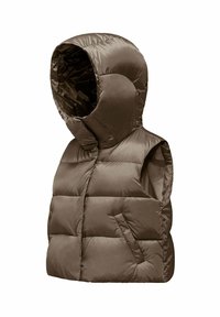Gilet imbottito di colore marrone scuro con cappuccio, caratterizzato da un design trapuntato, tasche laterali e una texture liscia e lucida.