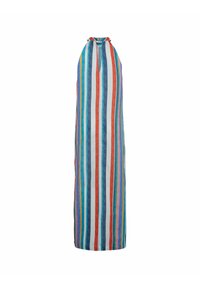 Vestito maxi a collo halter colorato con strisce verticali in rosso, blu, turchese, giallo e arancione su uno sfondo chiaro.