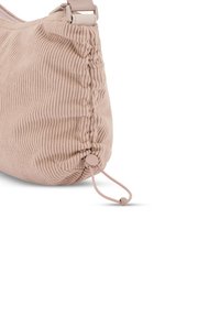 Bolso de tela acanalada rosa suave con correa ajustable y cordón elástico en la esquina inferior, sobre fondo blanco.