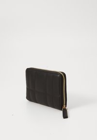 Black leather wallet with a quilted design, featuring a gold zipper and a small tag. Material appears smooth with a matte finish.