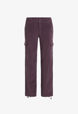 Cargo nohavice z tmavofialového kordového materiálu, s bočnými vreckami, gombíkovým zapínaním a nastaviteľnými lemami pre štíhlu siluetu.