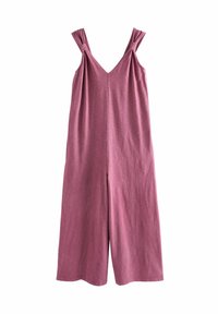 Lila ärmelloser Jumpsuit mit geknoteten Trägern, weitem Bein, strukturiertem Stoff und V-Ausschnitt. Lässiges und leichtes Design.