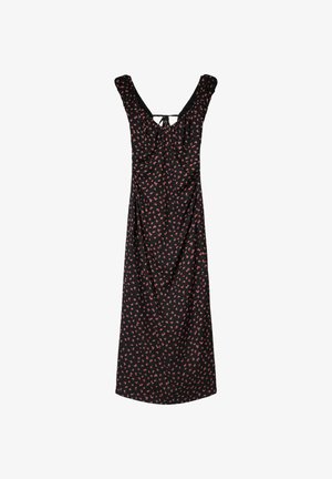 Sort kjole med pink blomster mønster, brede skulderremme og en samlet front. Har en bindelukning bagpå og et gulvlængde design.