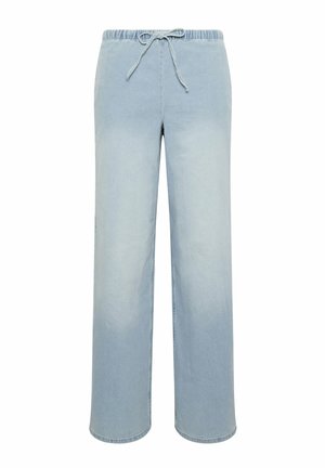 Light blue denim wide-leg pants with elastic waistband and front drawstring tie.