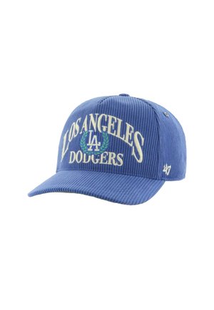 Blaues Cord-Hut mit „Los Angeles Dodgers“ in Weiß gestickt, hat einen gebogenen Schirm und ein kleines Logo an der Seite.