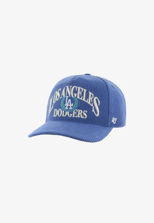 Blaues Cord-Hut mit „Los Angeles Dodgers“ in Weiß gestickt, hat einen gebogenen Schirm und ein kleines Logo an der Seite.
