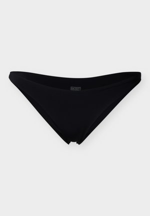 Schwarzer Bikini-Slip aus elastischem Stoff. Verfügt über ein tief geschnittenes Design mit minimaler Deckung und glatten Kanten für ein nahtloses Aussehen.