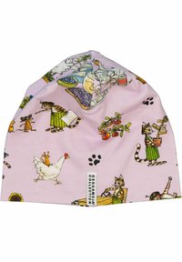 Rosa mössa med illustrerade katter, möss och kycklingar som sysslar med olika aktiviteter. Tillverkad av mjukt tyg, med livfulla färger och lekfulla mönster.