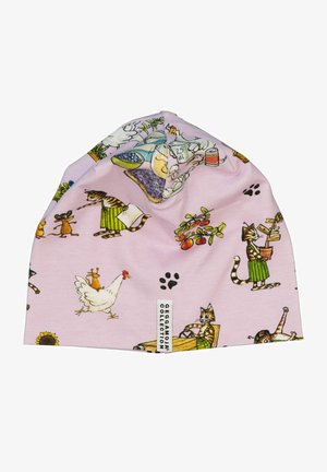 Rosa Mütze mit illustrierten Katzen, Mäusen und Hühnern, die verschiedene Aktivitäten ausführen. Hergestellt aus weichem Stoff, mit lebendigen Farben und verspielten Mustern.