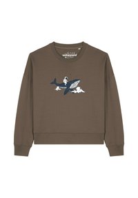 De bruine sweatshirt heeft een ronde hals en lange mouwen. In het midden staat een grafisch ontwerp van een walvis en een astronaut op wolken. Zachte textuur.